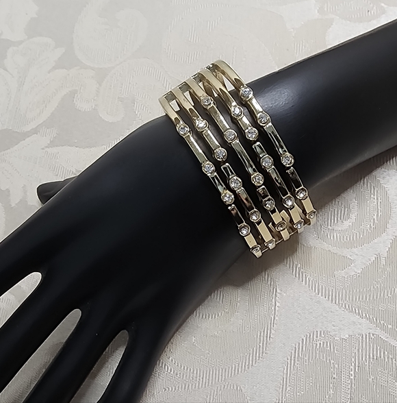 VINTAGE 80S GOLD TONE RHINESTONE HINGED CUFF BRACELET STATEMENT ARCHITECTURAL - Picture 10 of 12